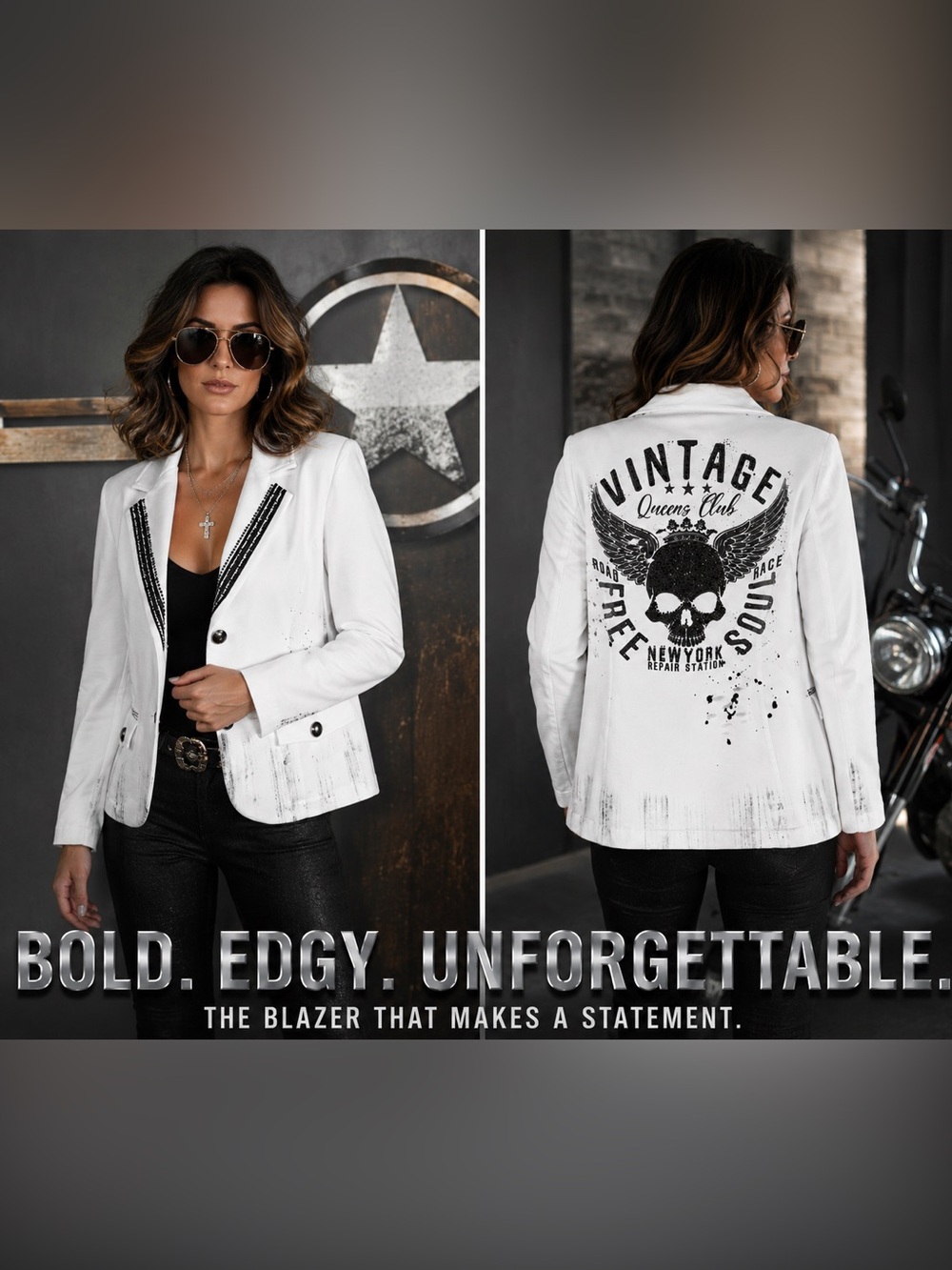Boutique Womens White & Grey Edgy Glam Rocker Embellished Skull Print Blazer